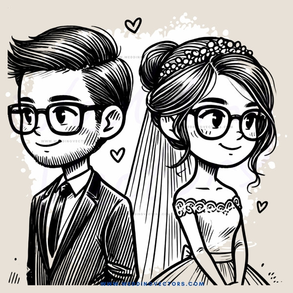 bride and groom drawing in black and white style