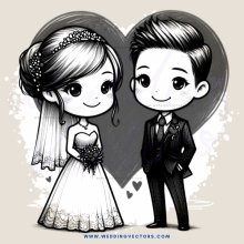 a bride and groom with hearts and flowers
