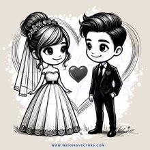 wedding couple in black and white cartoon style drawing