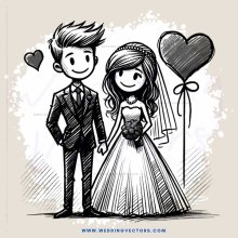 the groom and bride with bouquet and love hearts