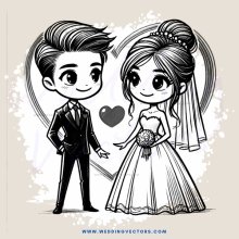 groom and bride in black and white cartoon