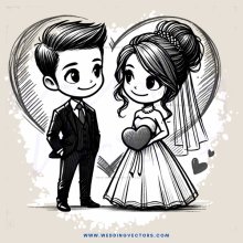 a bride and groom with hearts around them