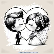 a young couple in black and white wedding attire sharing their first kiss