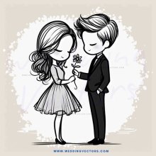 a young couple holding flowers and embracing
