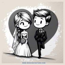 wedding couple cartoon illustration in black and white