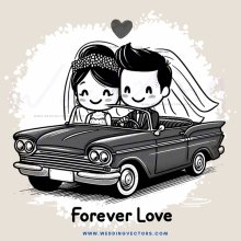 forever love cartoon image description: a black and white cartoon picture with a couple in it the man is wearing an eagle headband around his neck the woman has her arms wrapped around the back of the driver's seat the car they are riding in has wings on 