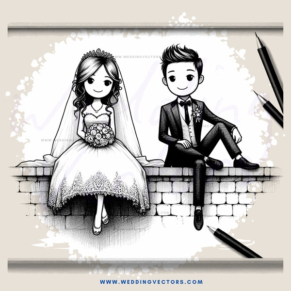 bride and groom sitting on brick wall