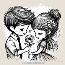 kissing boy and girl holding flower