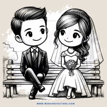 a newlywed couple sitting on a bench