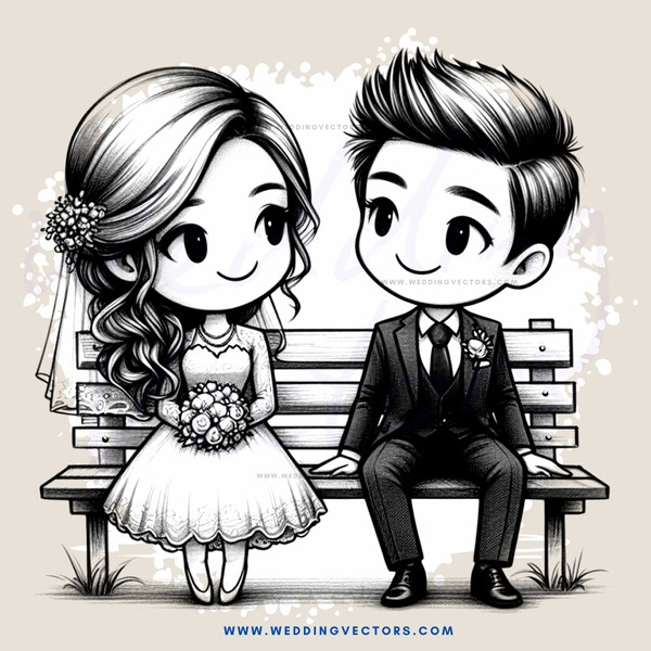 bride and groom sitting on bench