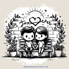 two people on a bench with love words in brick wall and plants around them