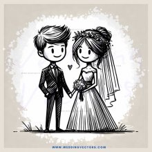 bride and groom in black and white cartoon