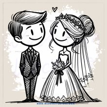 a bride and groom with bouquet