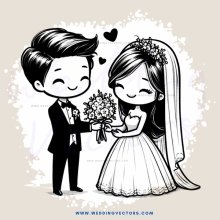 a bride and groom with flowers