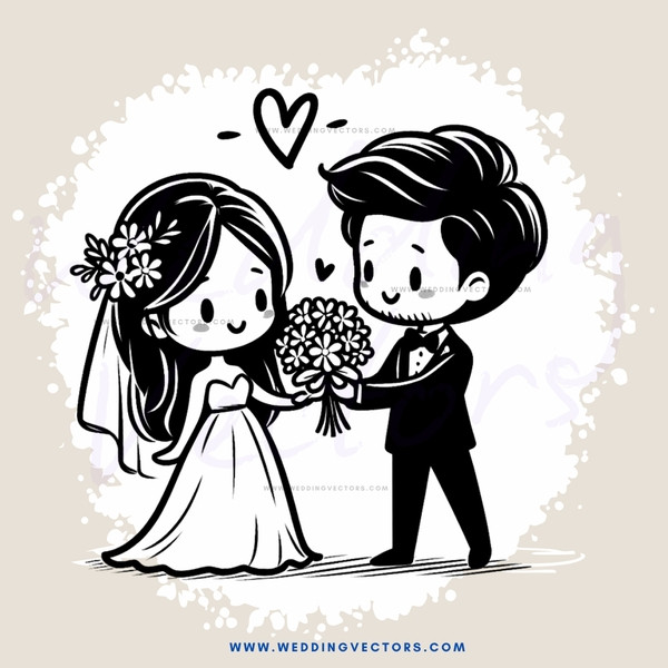 a bride and groom with flowers