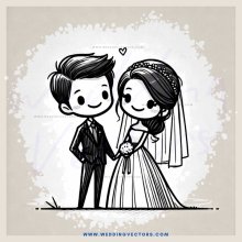 cartoon groom and bride standing together in wedding gown and suit