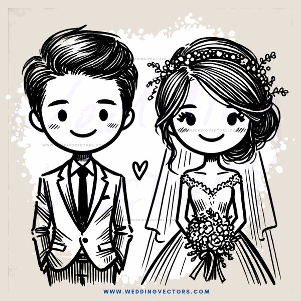 a bride and groom in wedding attire