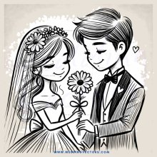 cartoon couple posing with flower and daisy