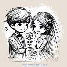 a cartoon couple holding flowers and smiling at each other