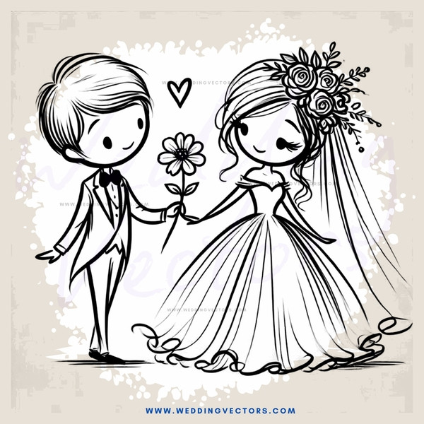 wedding couple in black and white drawing