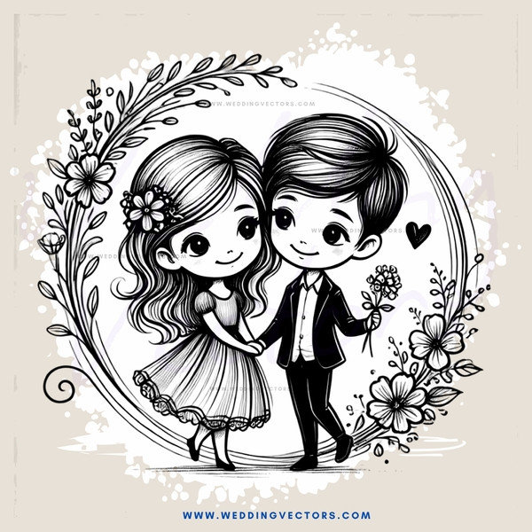 two people embracing with flowers and hearts