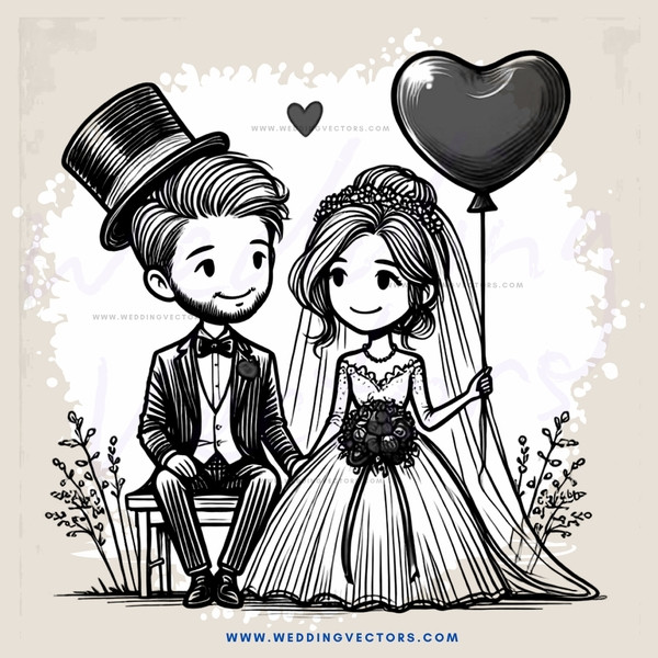 a bride and groom with heart and balloon