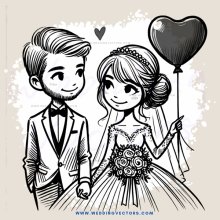 a couple in wedding attire holding a heart balloon