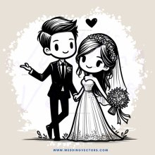wedding couple in black and white cartoon drawing