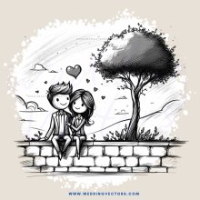 a couple sitting next to a tree with hearts floating around them