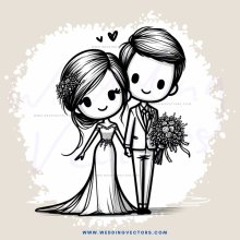 a couple standing together with flowers and hearts above their heads