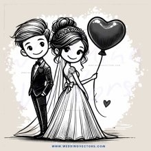 a bride and groom celebrating with a heart balloon