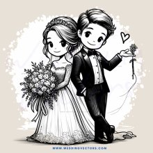 a bride and groom holding flowers