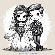 wedding bride and groom cartoon drawing in black and white with flowers on head and hands