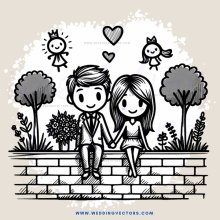 a couple sitting on a wall with trees and animals in the background