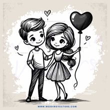a cartoon couple holding hands and balloons