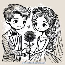 a couple holding flowers on their wedding day