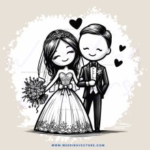 a bride and groom with a bouquet