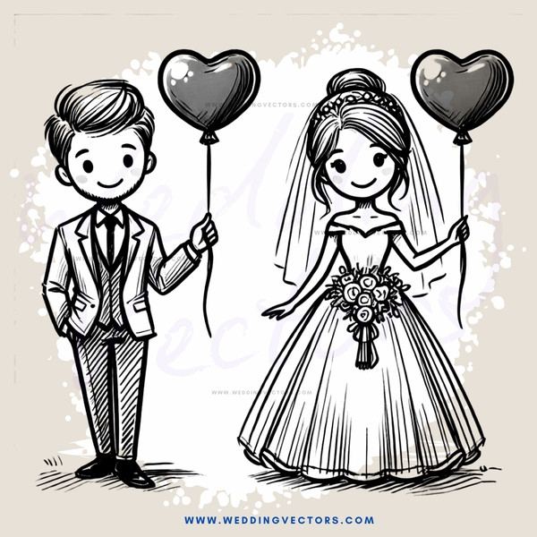 a bride and groom with balloons