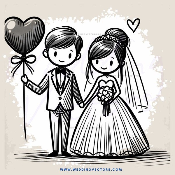 a bride and groom with balloons