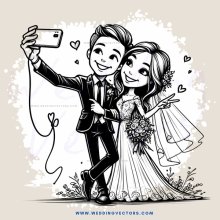a happy couple on their wedding day taking selfies