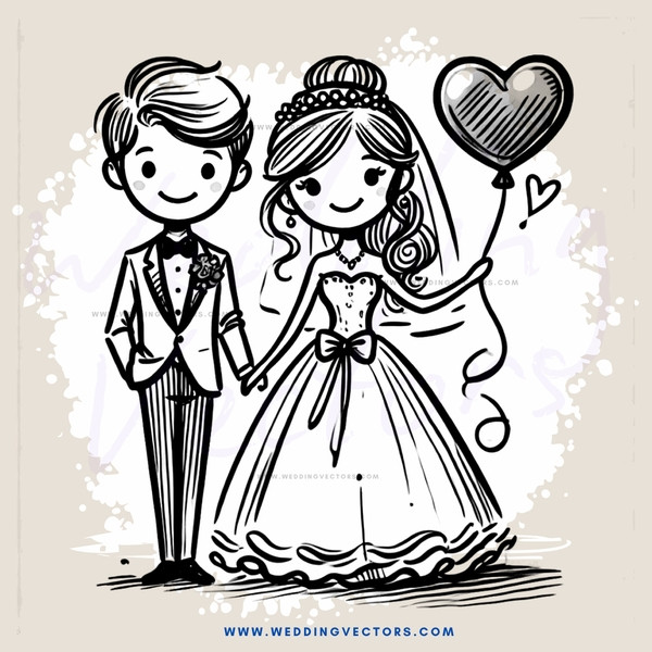 a young bride and groom with a heart balloon