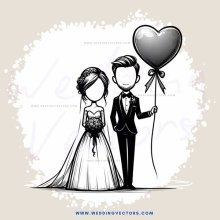 a bride and groom hold a balloon
