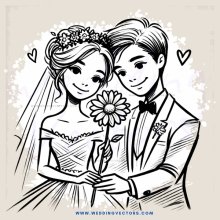 a bride and groom with a flower in hand