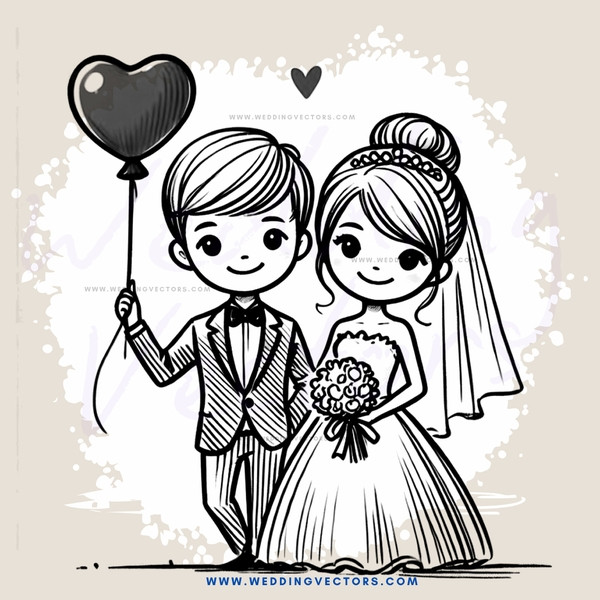 a bride and groom with balloons