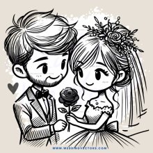 wedding cartoon with bride and groom, rose and beard