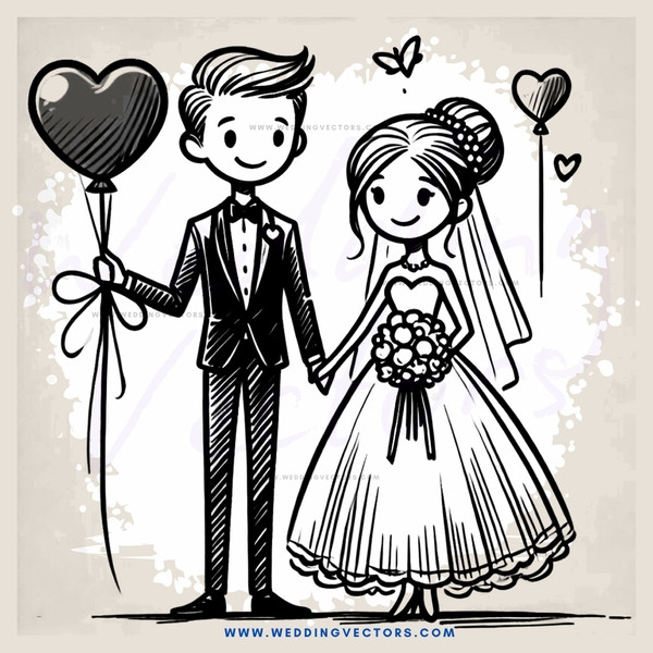 a bride and groom with balloons