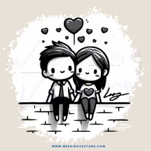 boy and girl sitting on bench together with hearts in sky above them