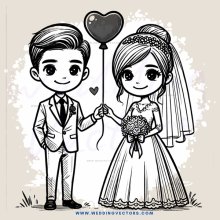 a bride and groom holding a heart balloon