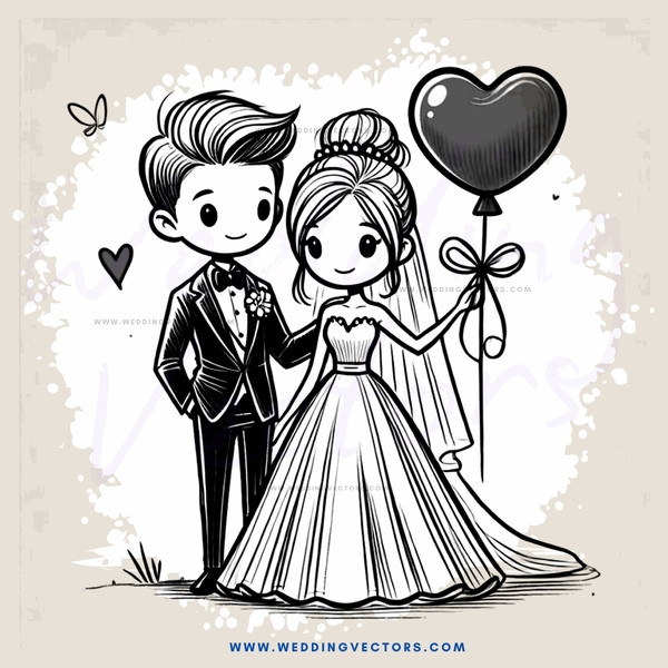 a bride and groom with balloons