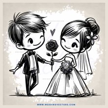 boy and girl shake hands with rose and flowers
